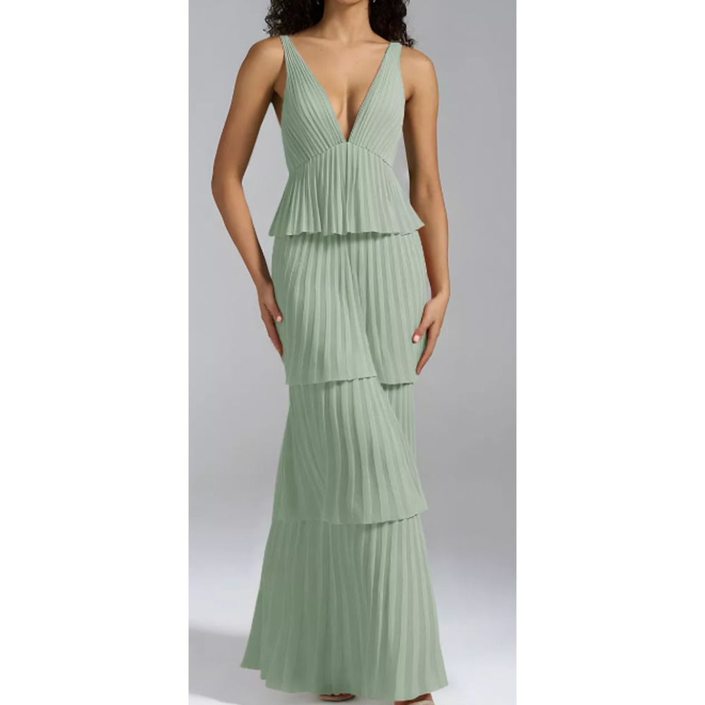 AW BRIDAL 2 XS sage green chiffon Asma tier pleated backless maxi dress NEW B88 - Picture 3 of 7
